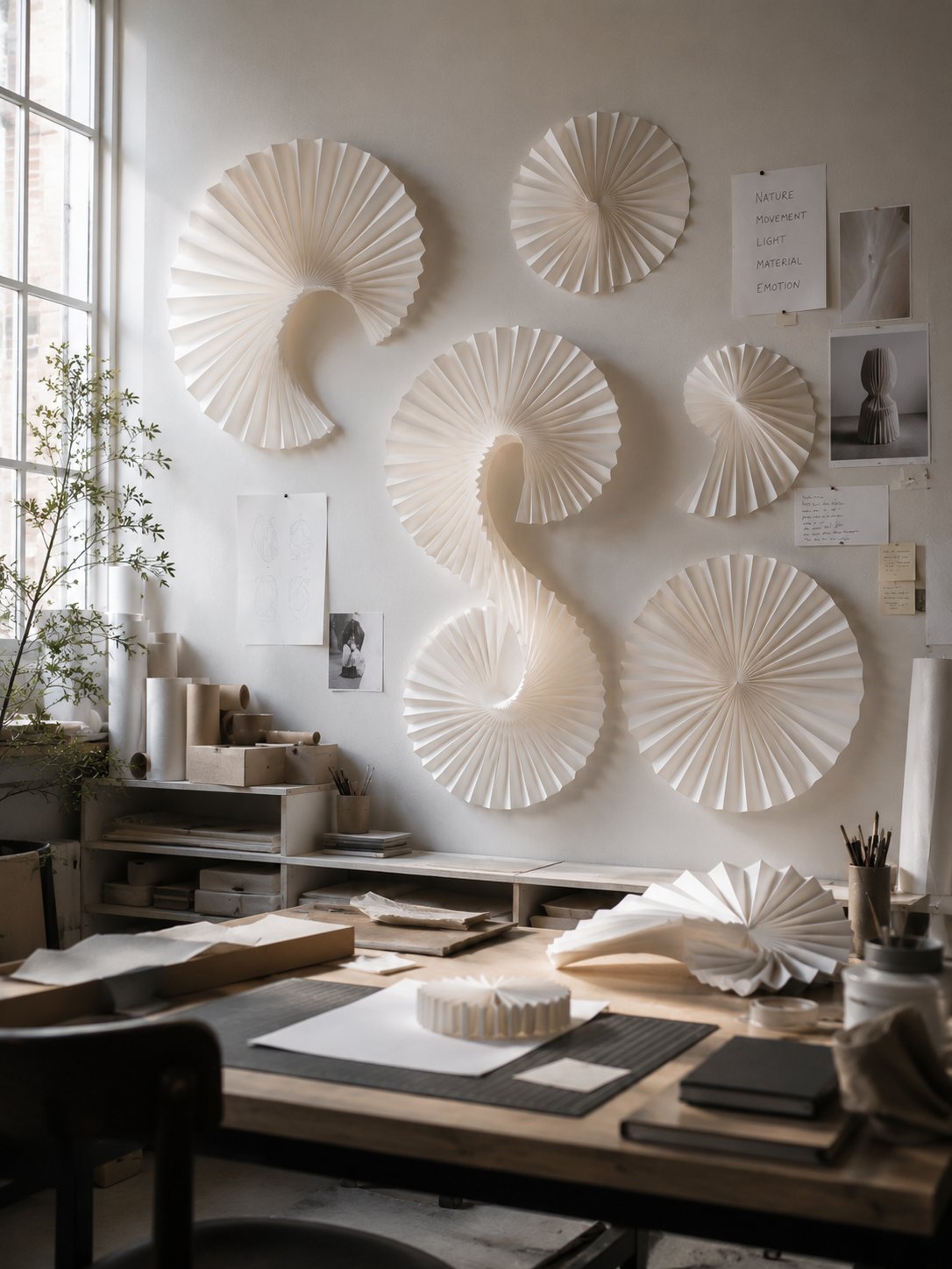 The studio wall and workbench, with pleated paper forms and sketches