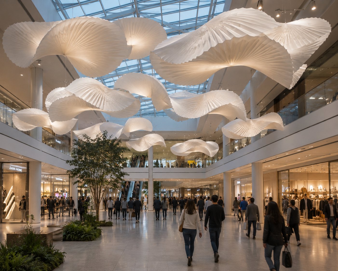 A flock of pleated paper forms suspended in a mall atrium