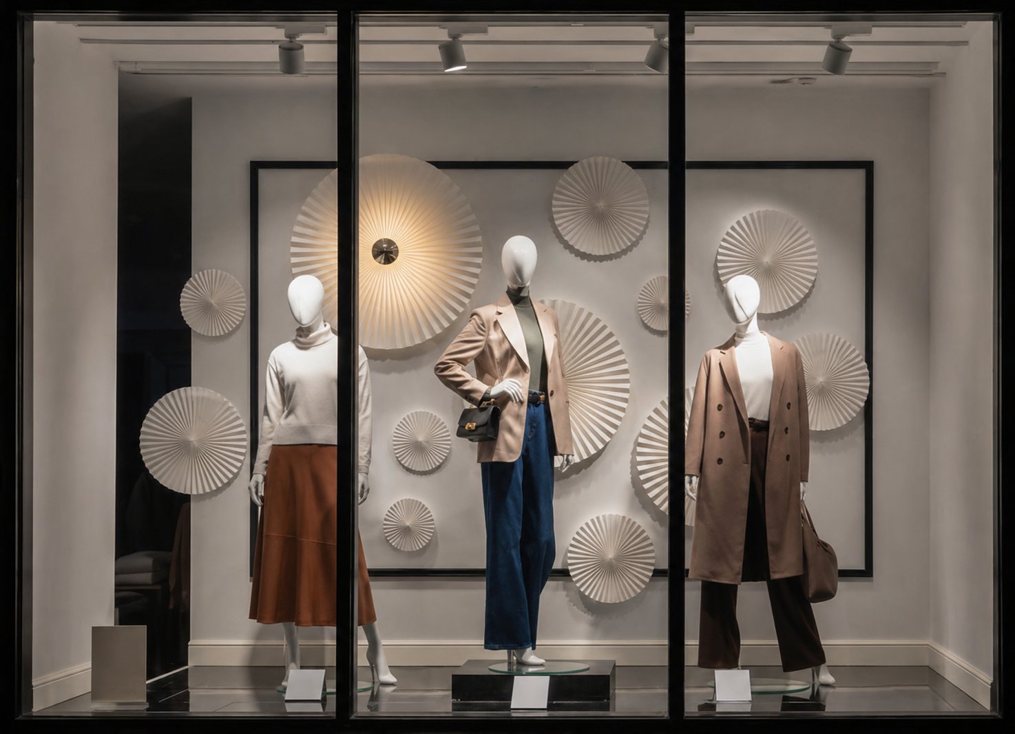 Angular pleated paper installation filling a wide boutique window