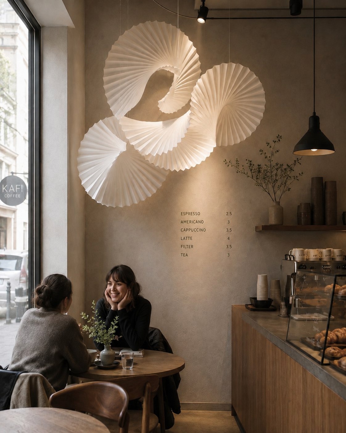 Suspended pleated paper spiral installation above a café corner