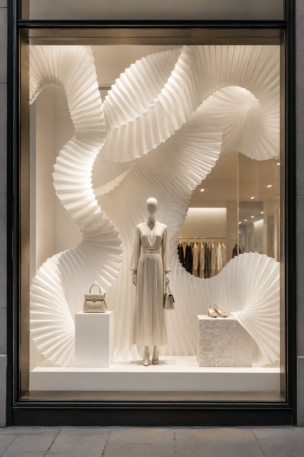 Sweeping pleated paper forms around a mannequin in a fashion window