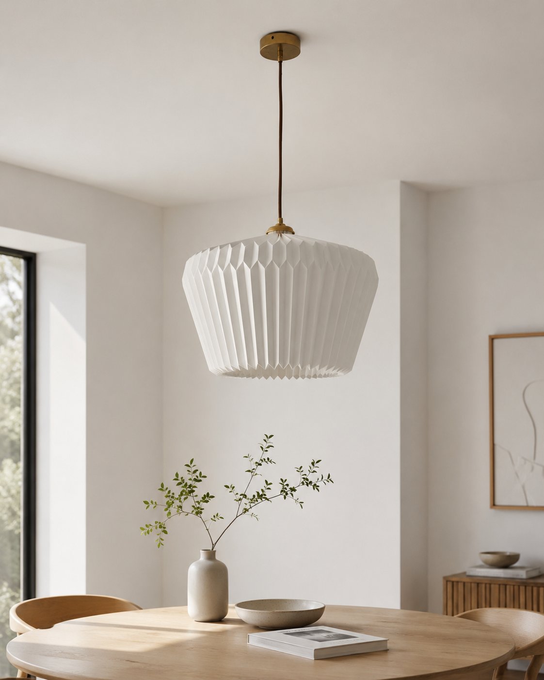 Bell-shaped pleated pendant lamp over a dining table