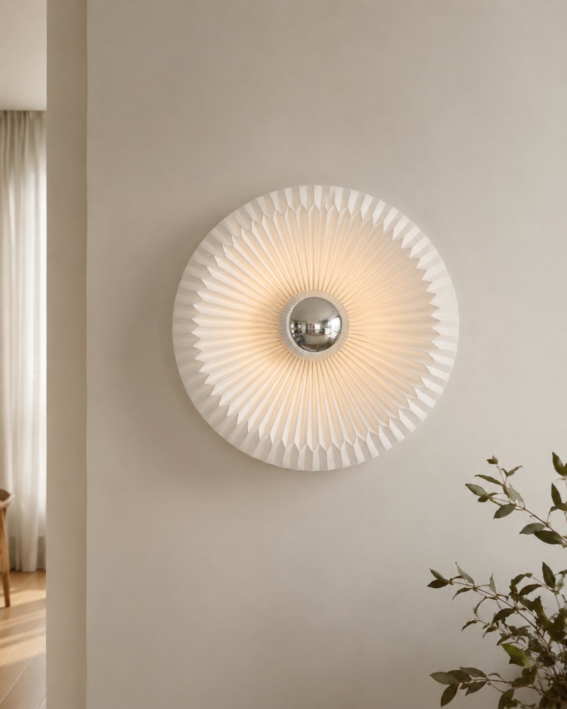 Round pleated starburst wall lamp with a chrome centre, glowing