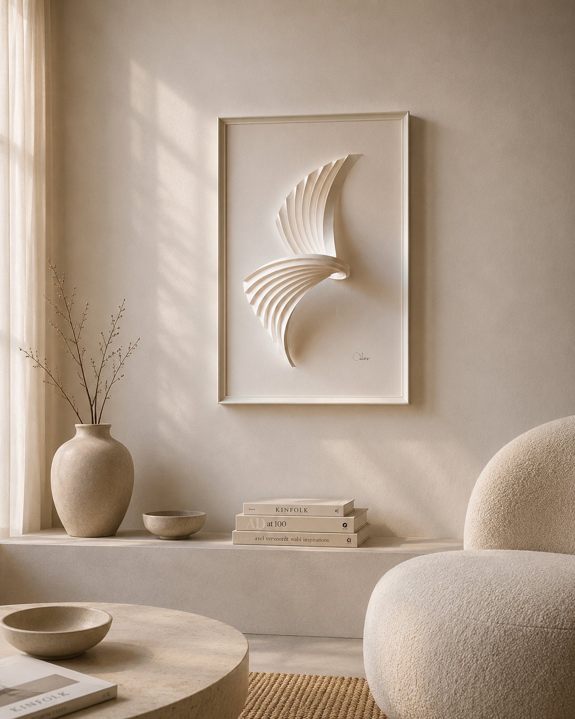 Pleated paper wall sculpture in a living room