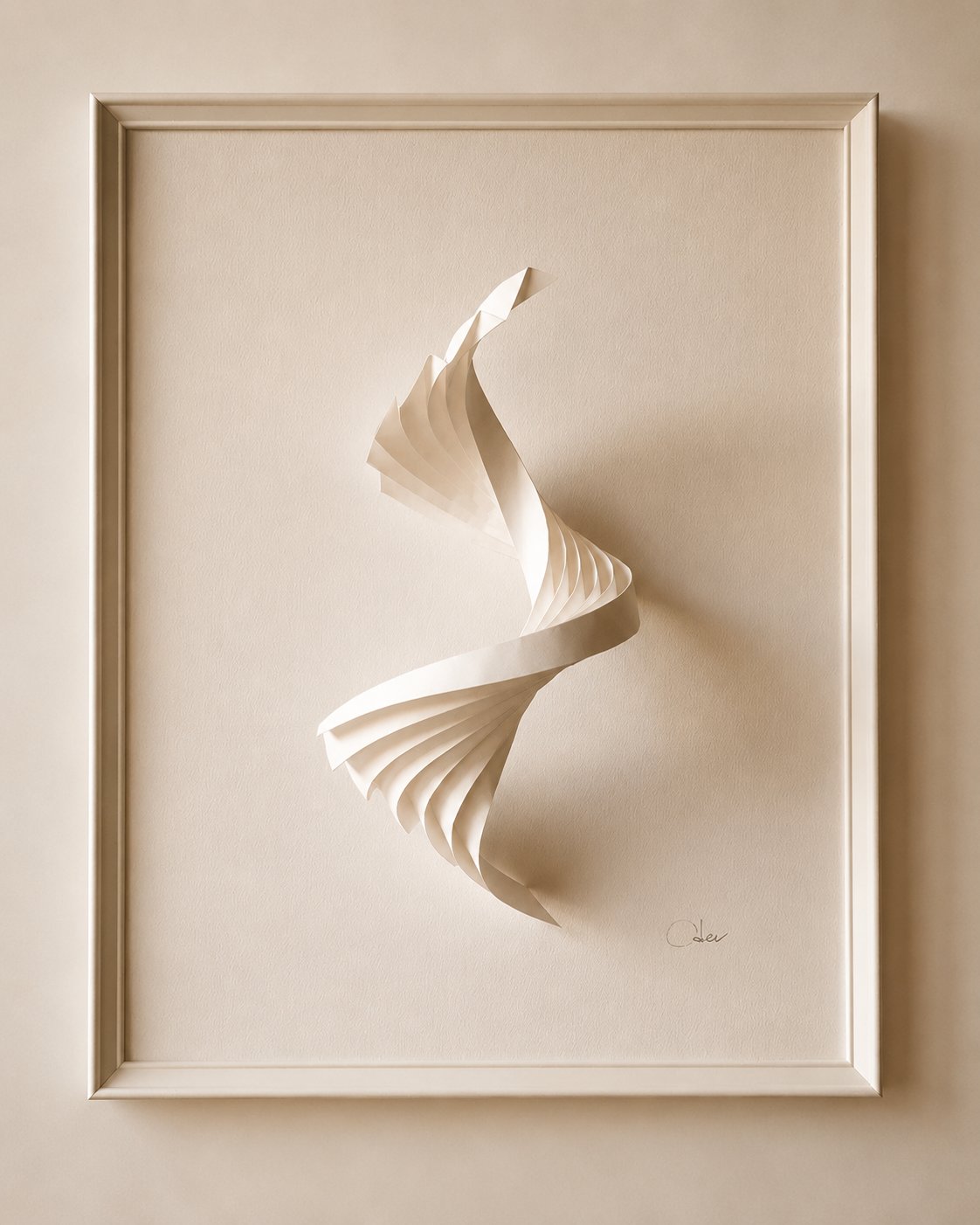 Framed pleated paper relief sculpture on a wall