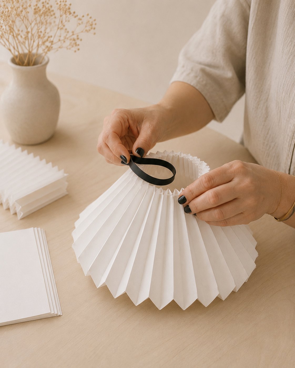 Hands folding a pleat pattern at an open workshop