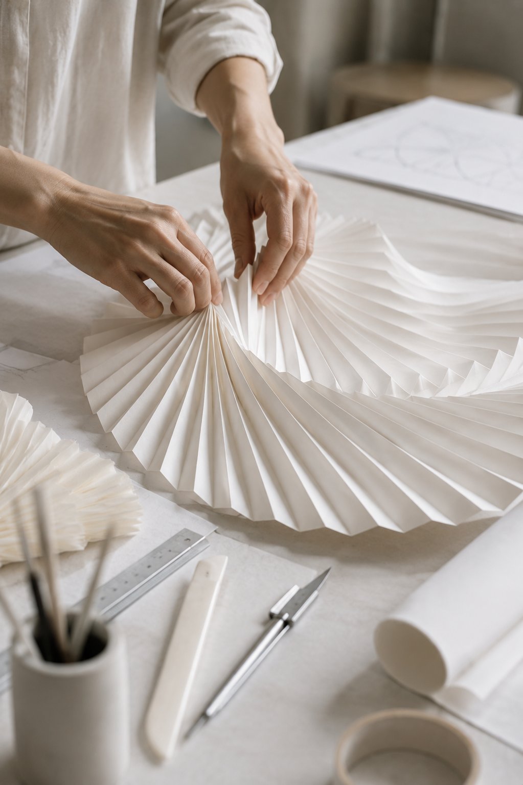 Hands shaping a pleated paper spiral at a studio worktable, with a fold pattern sketched on paper behind